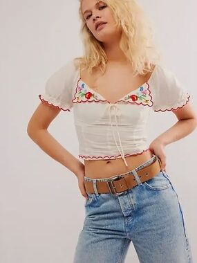 Rixo Didi Floral-Embroidered White Peasant Crop Top with Puff Sleeves Size Xs